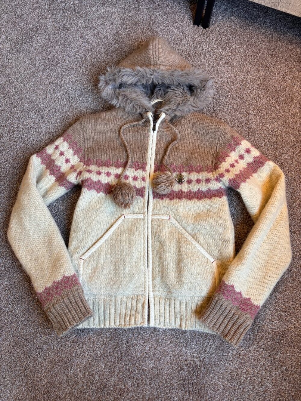 Komodo Made in Nepal Lined Wool Hand-Knit Full Zip Sweater Jacket Size Small Y2K